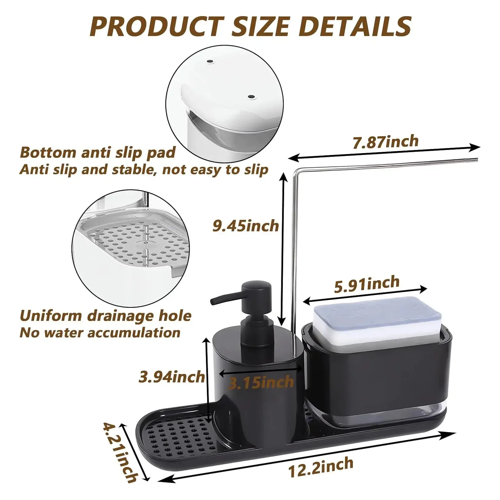Kitchen Countertop Sink Drain Tray with Manual Press Detergent Dispenser And Towel Rack Detergent Liquid Dispensing Container fo