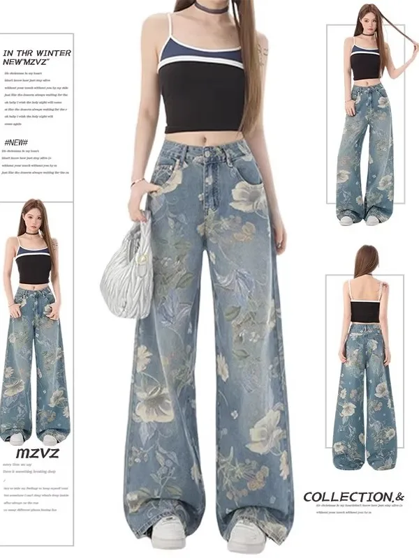 

American Retro Washed Floral Print Straight Leg Jeans High Waist Wide Drag Spring Summer Streetwear Long Leg Pants for Women