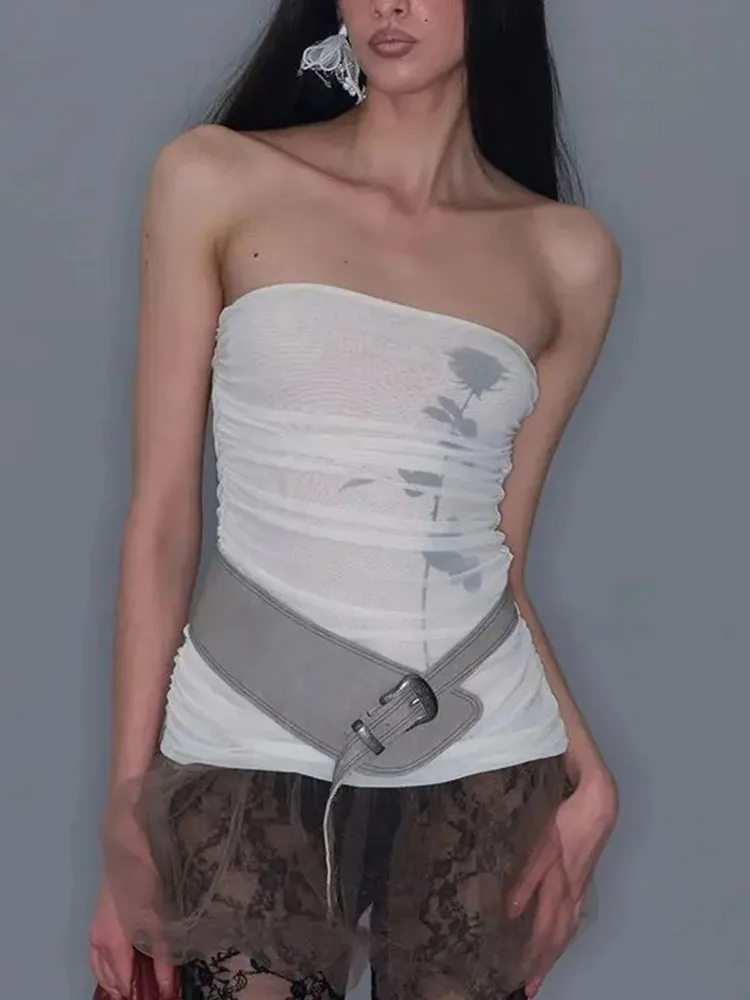 Retro Rose Print Mesh Patchwork Strapless Vest Women Summer Sexy Folds Slim Waist Tanks Y2k Spicy Girl Sleeveless Tops