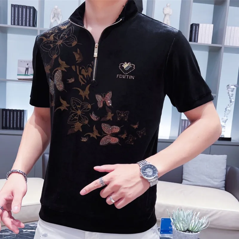 Hot Diamond Polo Short Sleeve Large Men Summer Personalized Fashion Brand Pattern Standing Neck Zipper Loose Trend Bottomed Top