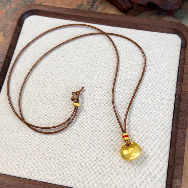 Necklace Gourd Pendant Antique Gold Tone Adjustable Rope Long Chain Sweater Style Chinese Classic Minimalist Charm Accessory