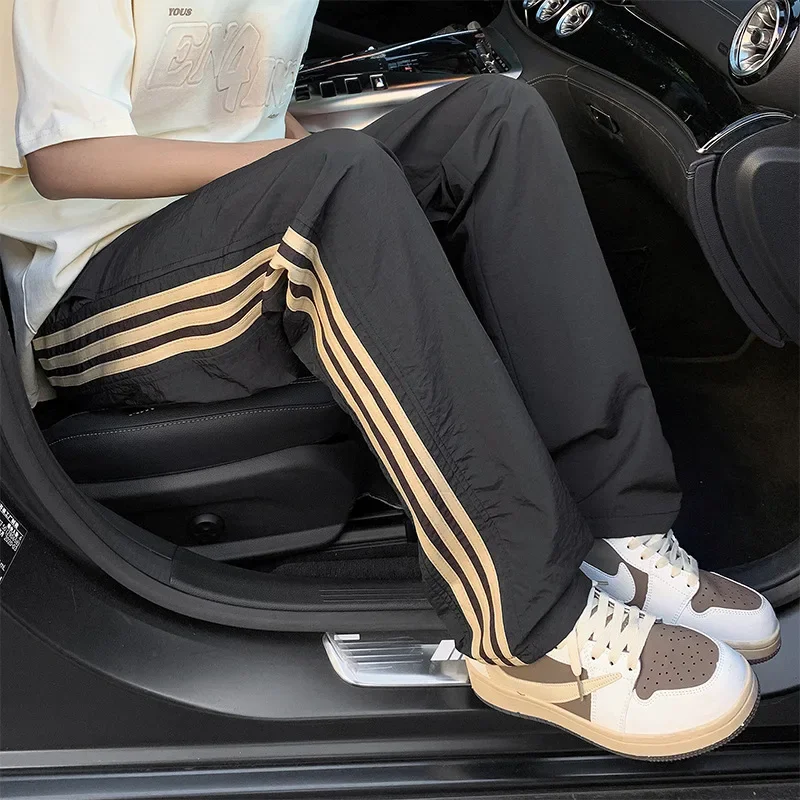 Black Striped Casual Pants Men's Women's Summer Autumn Thin American Style Quick Dry Cargo Pants Three-Pocket Straight-Leg Sweat