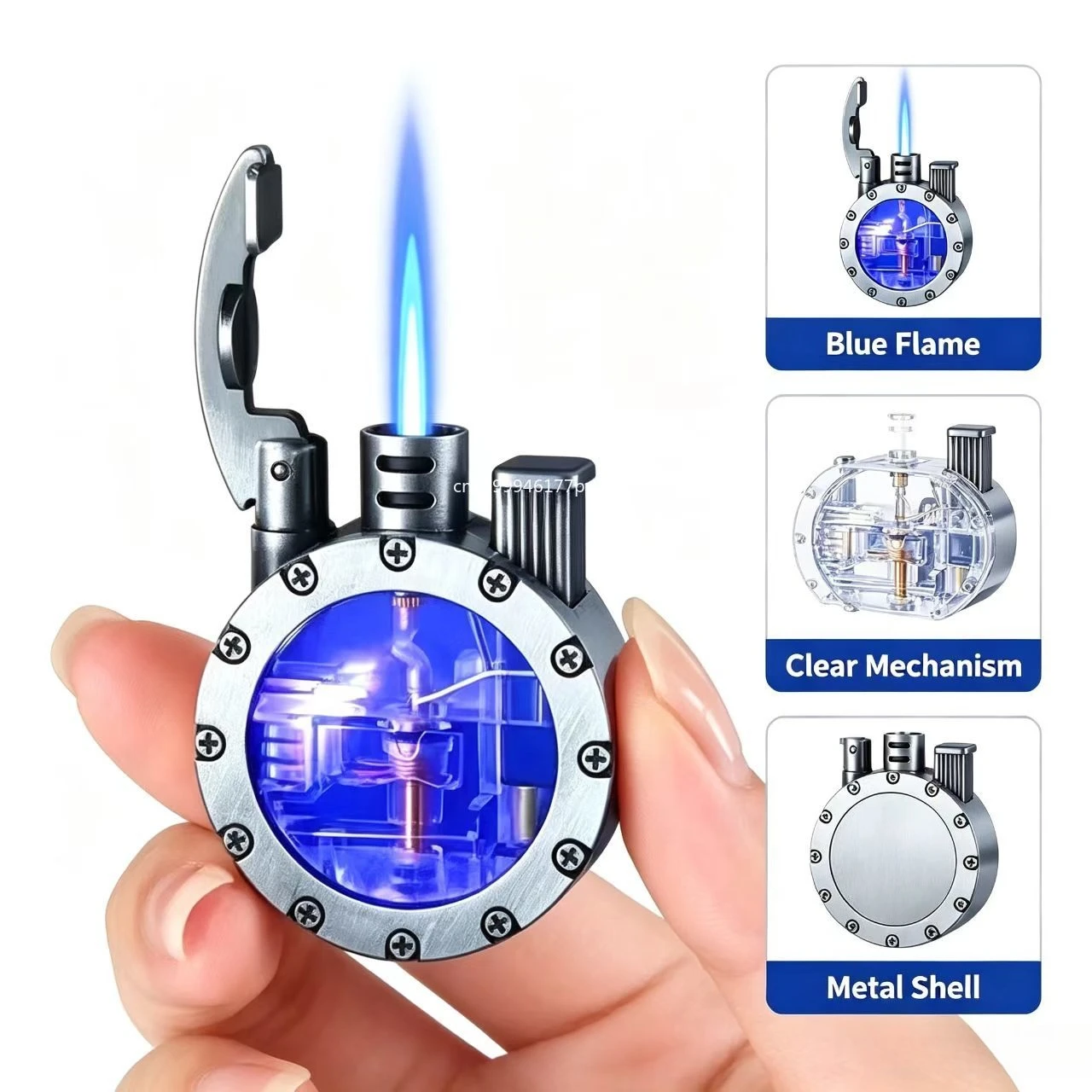 Metal Retro Rocker Blue Flame Inflatable Lighter LED Colored Light Transparent Transom Windproof Torch Gass Lighter Men's Gifts