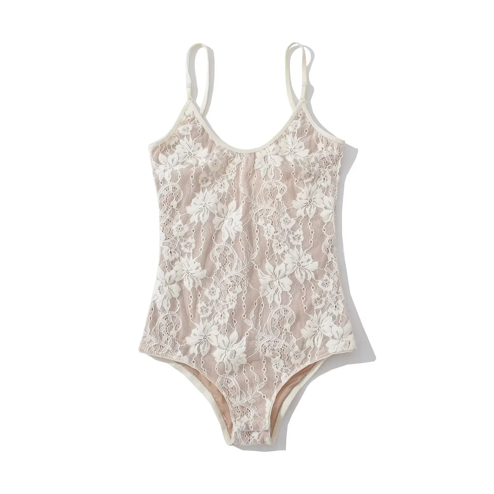 Sexy, durchsichtiger Spitzen-Bodysuit mit Futter, rückenfreier Spaghetti-Träger-Body, eng anliegender, kurzer Jumpsuit, figurbetonte Romper- und Playsuit-Modelle für Damen. – Detail 9