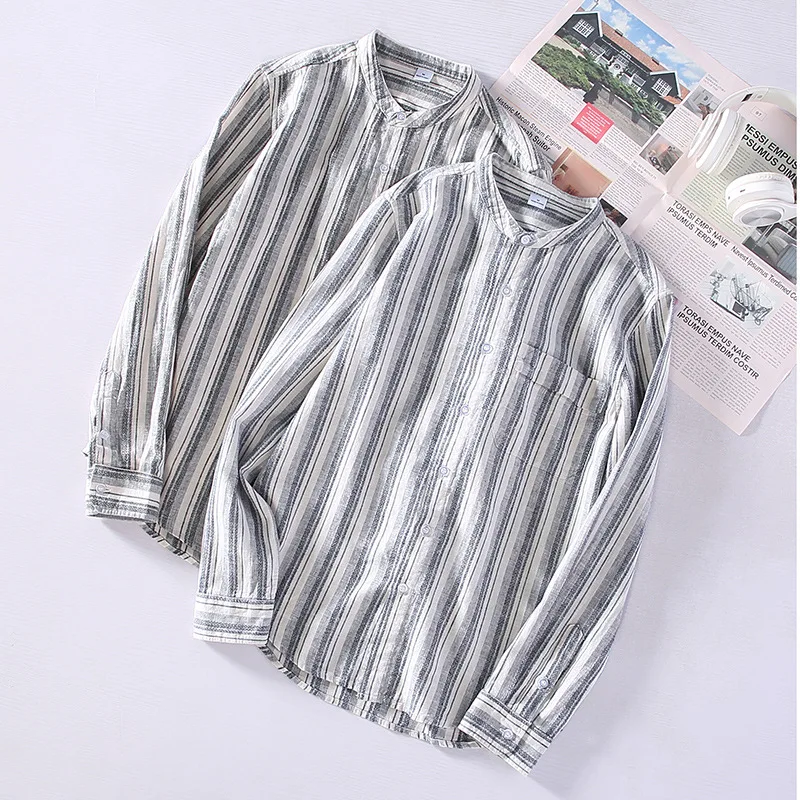 Japan Style Mens Linen Cotton Striped Shirt Harajuku Chest Pocket Long Sleeve Slim Fit Male Casual Breathable Classical Tops