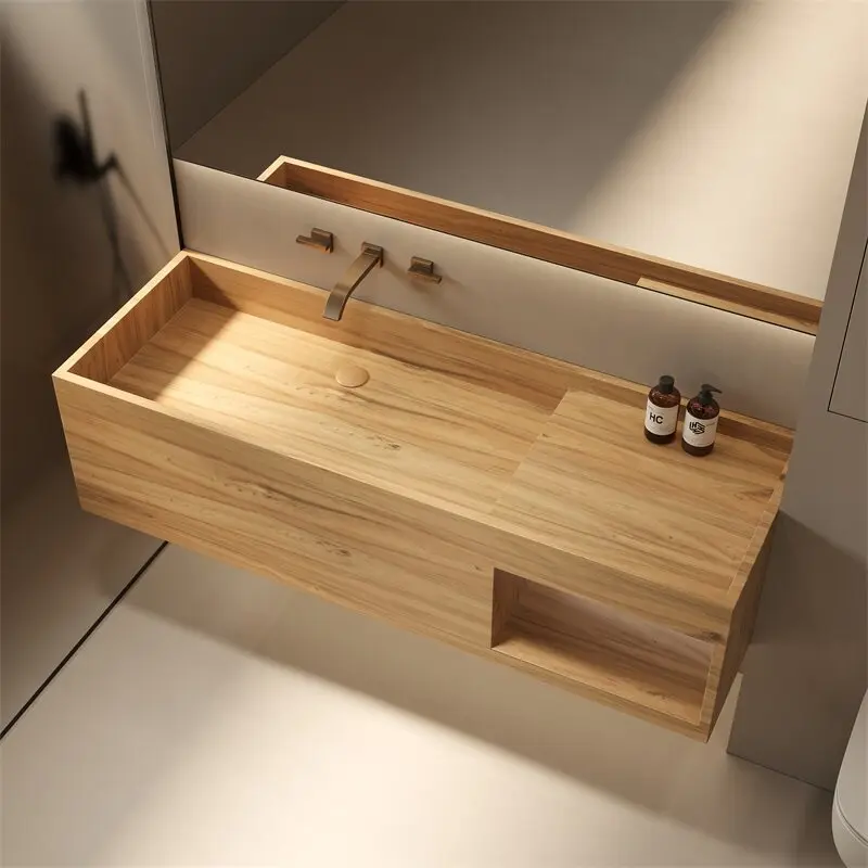 Travertine wood grain rock slab integrated seamless basin villa high-end bathroom wash face wash basin bathroom cabinet