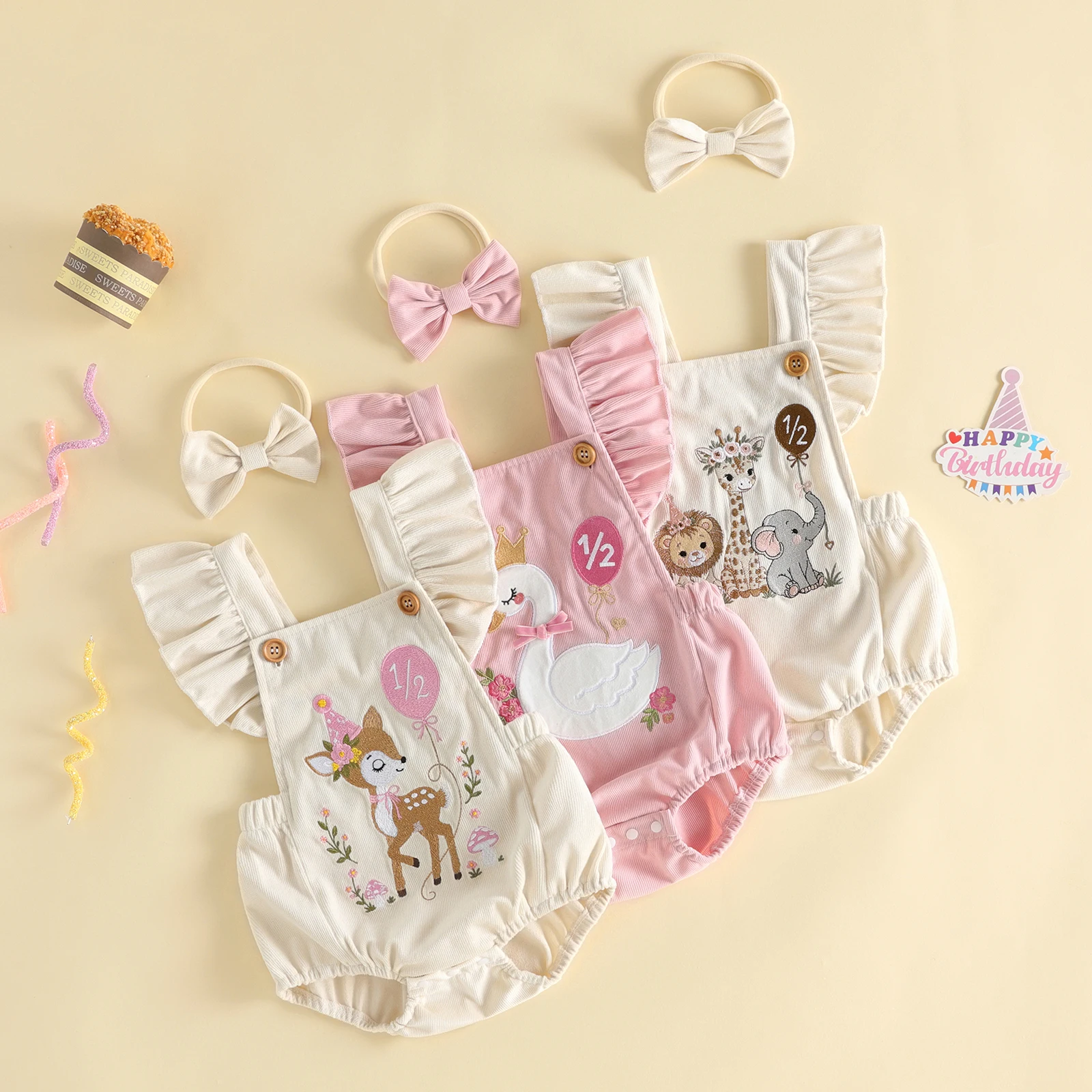 Baby Girl 1/2 Birthday Romper Goose Animal Embroidery Fly Sleeve Corduroy Bodysuits & Headband Birthday Gifts