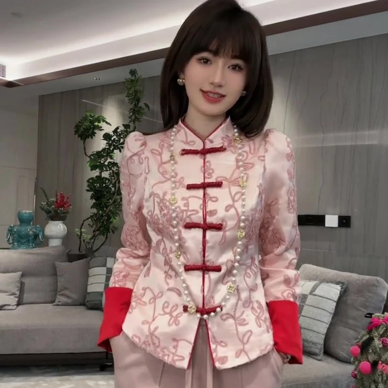 2025 Spring Fall Women Red Floral Pattern Imitation Silk Top Shirt , Woman Autumn Clothing Chinese Style Tops Shirts