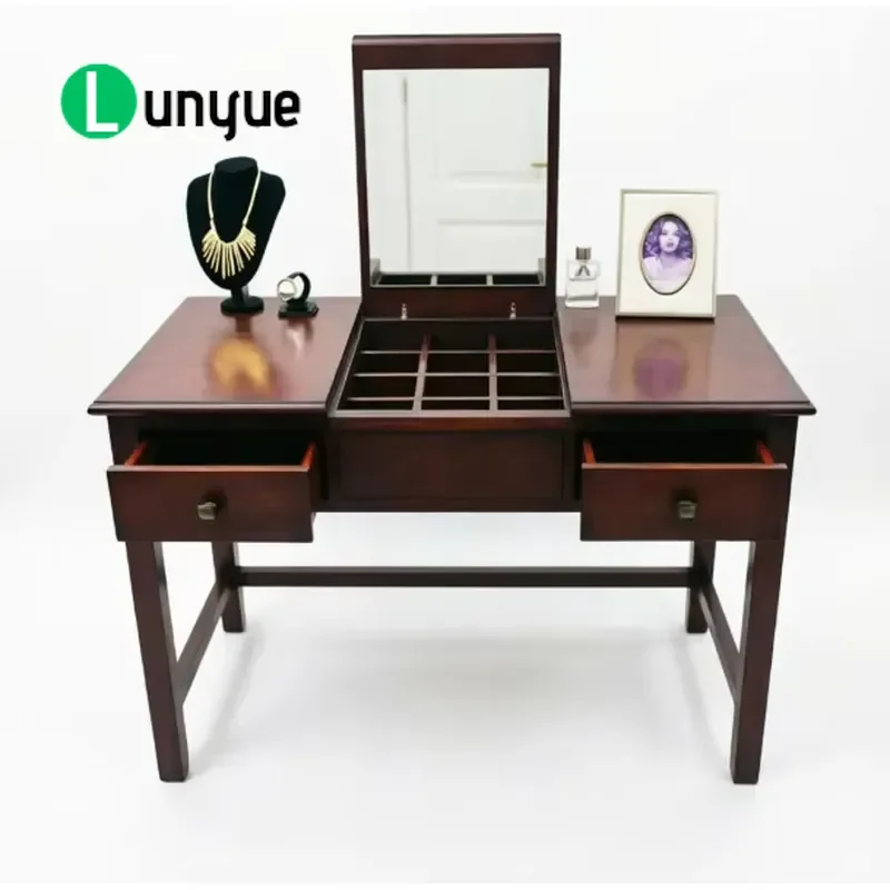 American Simple Solid Wood Dresser with Flip Mirror Storage Drawer Classic Bedroom Makeup Vanity Table Furniture