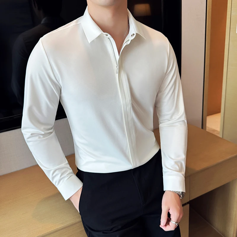 High Quality Seamless Zipper Shirt for Men Autumn Lapel Long Sleeve Business Dress Shirts Solid Color Casual Social Party Blouse