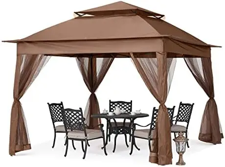 11 x 11 ft Pop Up Gazebo with Mesh Walls, Instant Portable Outdoor Canopy Tent for Backyard & Patio, Brown