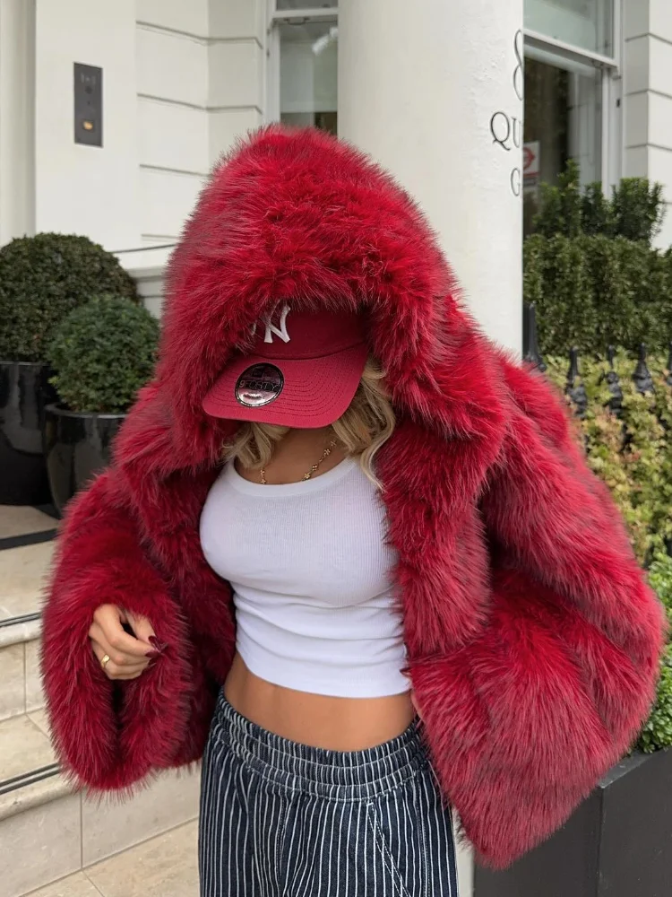 Women Chic Red Smooth Hooded Fluffy Faux Fur Coat New Fashion Lapel Long Sleeves Warm Jacket Winter Casual Commute High Outwear