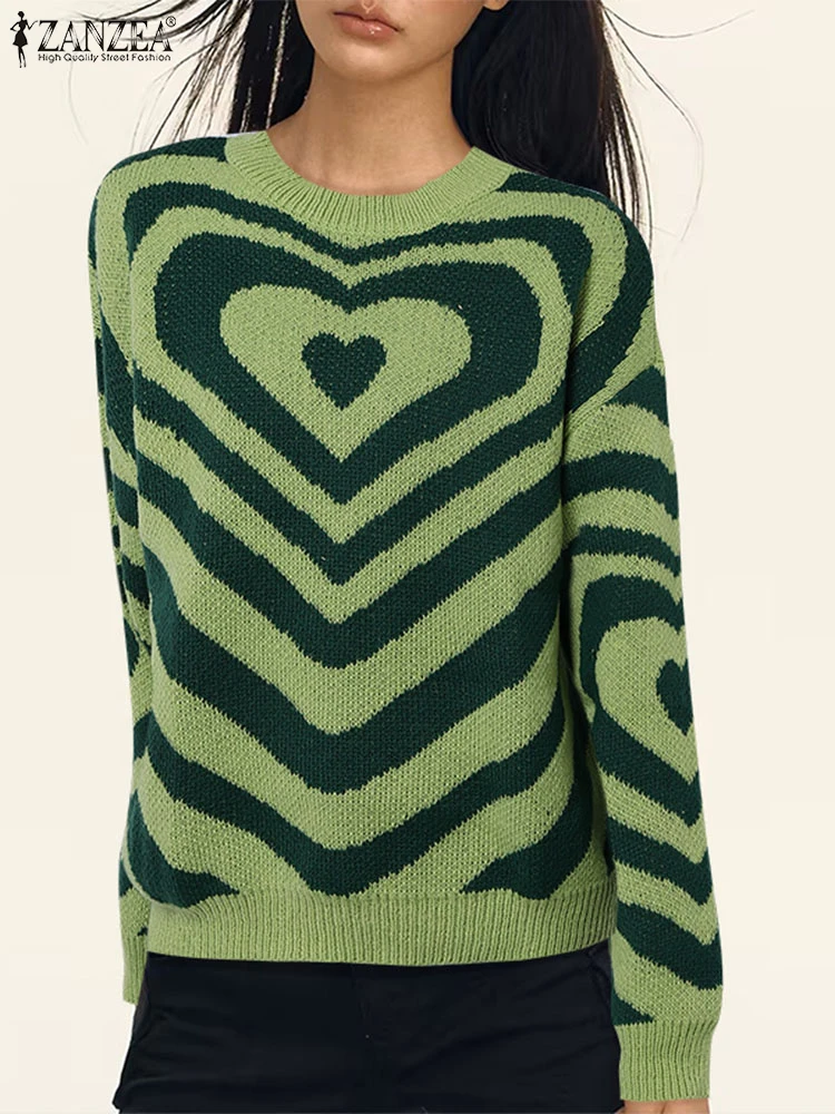 Otoño Invierno mujeres suéteres ZANZEA moda manga larga corazón rayas suéter jerseys Casual de punto jerseys Tops Overize 2024