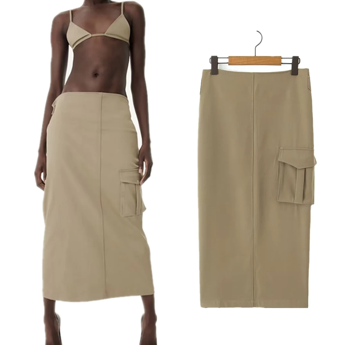 Jenny&Dave Show Fashion Khaki Cargo Design Skirt Women High Street Side Of Pockets Midi Skirts Womes