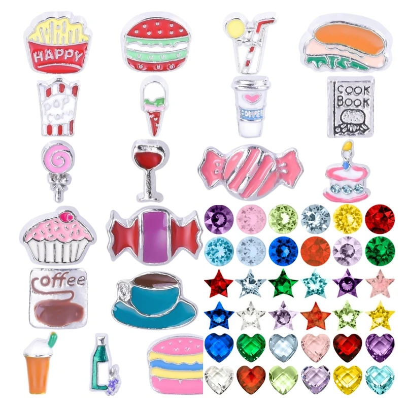 20Pcs Birthday Cake Macron Candy Fries Burger Floating Locket Charms Drinks Coffee Pendant Fit Glass Relicario Collier Jewelry