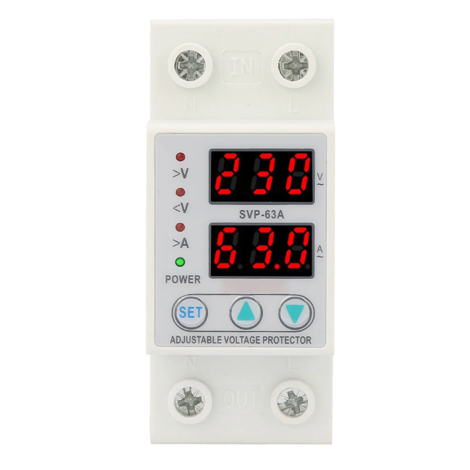 Double LED Display Single Phase Adjustable Voltage Current Protector AC230V 63A Overvoltage