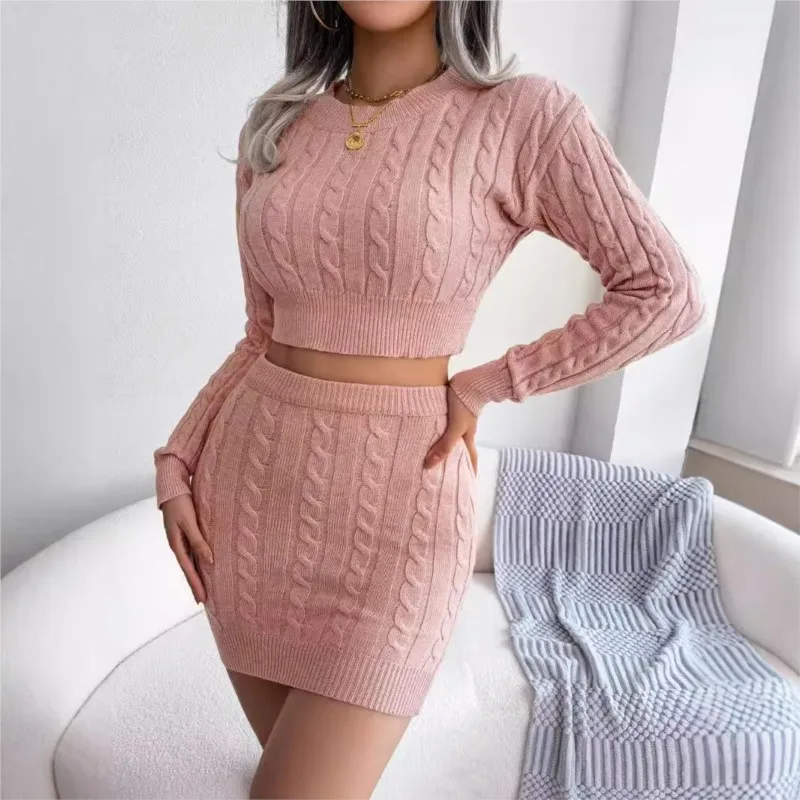 Women\'s Two-piece Knitted Skirt Long Sleeved Exposed Navel Solid Color Knitted Mini Skirt Set Tight Fitting Pullover Sweater Set