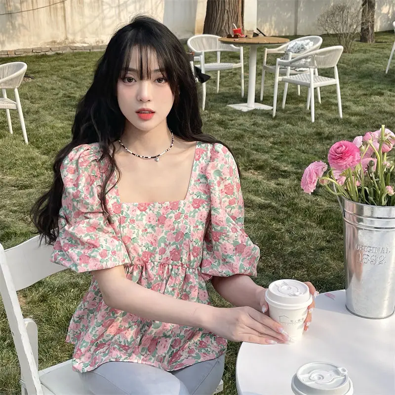 

Винтажные блузки с принтом, женские эстетические блузки в стиле Харадзюку, французский укороченный нежный мешковатый квадратный воротник, летняя одежда Y2k, девичий сладкий темперамент