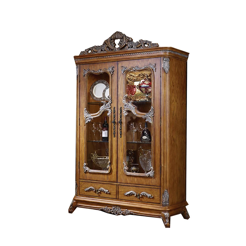 

American two-door wine cabinet European style fully decorated engraved storage drawing silver old storage cabinet