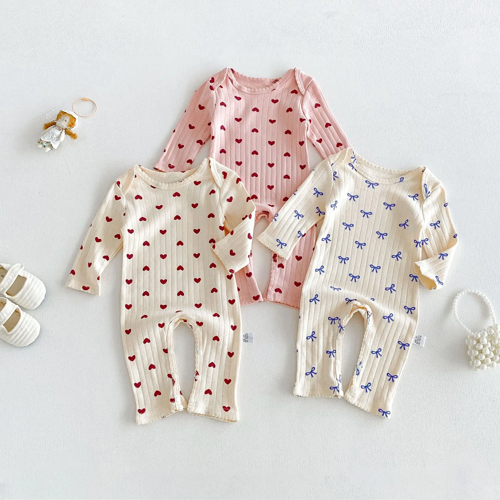 0-2Y Autumn New Baby Girls Clothes Heart Print Cotton Rompers Brief Style Toddler Girls Jumpsuits