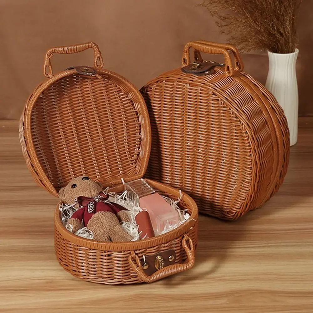 Handmade Wicker Suitcase Portable Dust-proof Round Picnic Basket Large Capacity Anti-impact Rattan Woven Luggage Box for Home