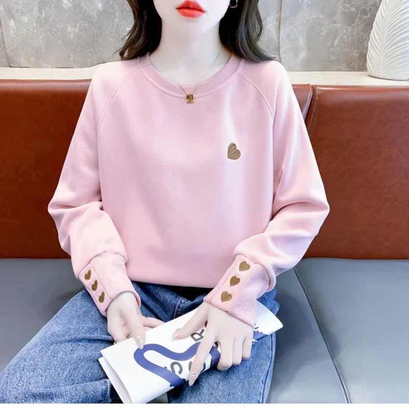 Simplicity Casual Autumn Winter New Women O-Neck Love Embroid Korean Fashion Trend Versatile Loose Long Sleeve Sweatshirts Tops