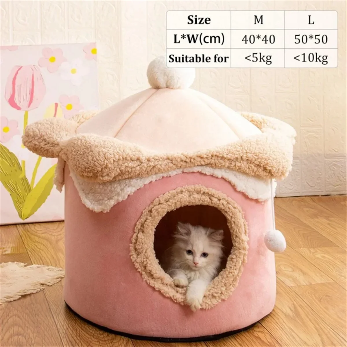 Cat Dog House Cave Warm Winter Deep Sleep Pet Nest Geometric Ice Cream House Fun Comfort Nest for Medium Red 48x48cm