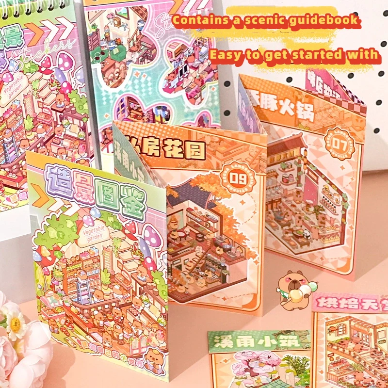 Cute 3D Cartoon Capybara Sticker Book DIY Landscape Cabin Scene Combination Book Set Game Books Festival Gifts