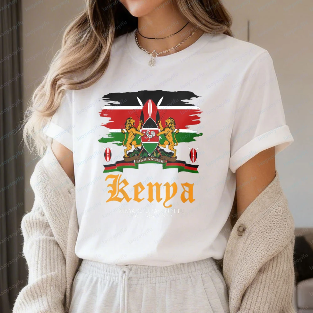 Kenya Flag and Coat of Arms Women T-Shirt Cotton Short Sleeve O-Neck Casual Fashion for Her National Pride Gift Summer Wear