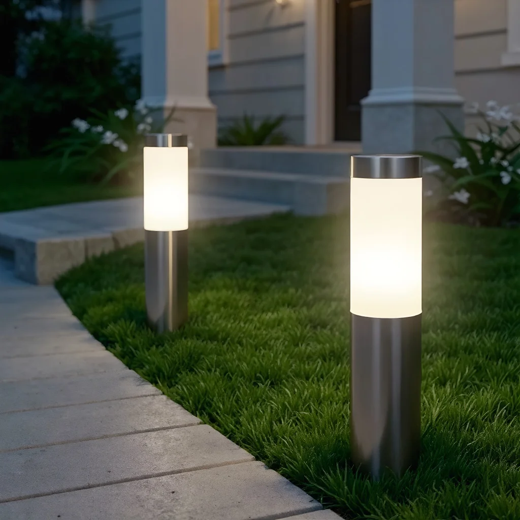 أضواء الأسطوانة الخارجية التي تعمل بالطاقة الشمسية - أعمدة LED من الفولاذ المقاوم للصدأ للممرات #1