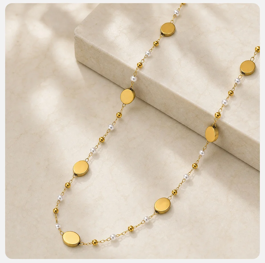 Vnox Minimalistische Stapelbare Halskette und Armbänder mit Imitationsperlen für Damen, Trendiger Edelstahl-Schmuck mit Goldplattierter Ovaler Kette – Detail 12