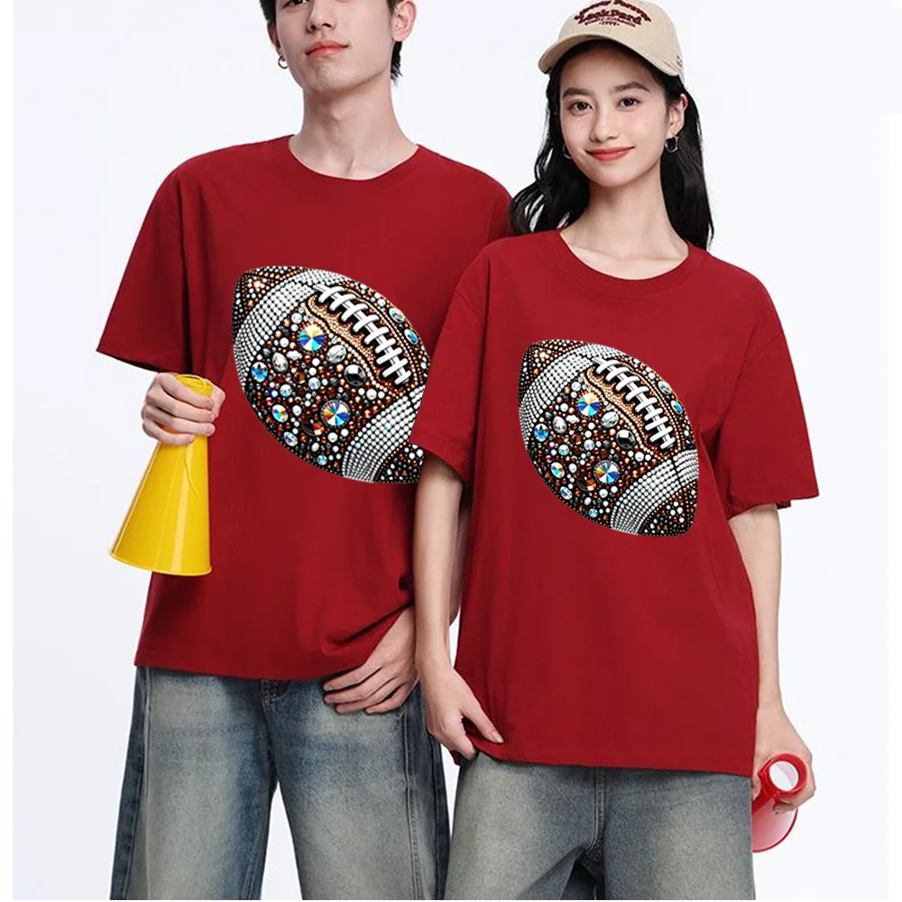 Rhinestone Football Printed T Shirt Breathable Fabric S-3XL Personalized Custom Casual Short Sleeve Tee Aesthetic Graphic Top Un