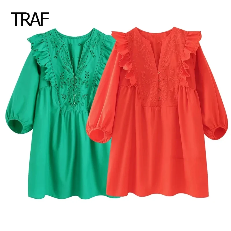 

TRAF Cutwork Embroidered Dress Women Dresses Spring Summer 2024 Miniv-Neck Long Sleeves Dresses Women's Luxurious Evening Dress