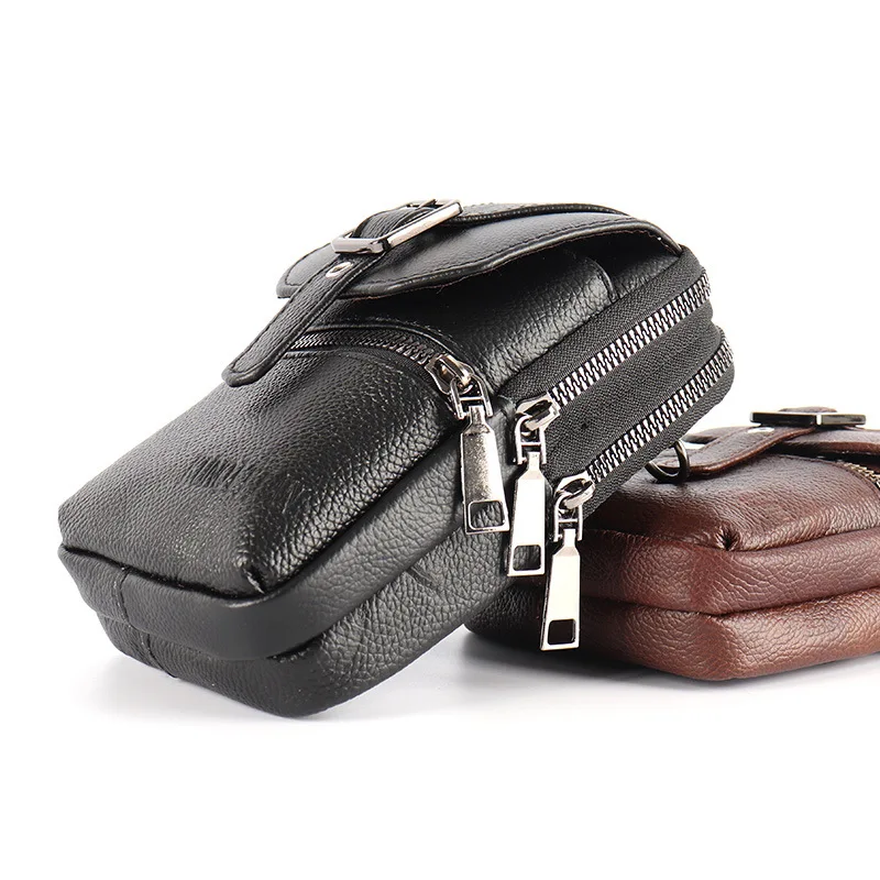 

New Men's Top Layer Cowhide Leather Phone Bag Multifunctional Diagonal Belted Waterproof Small Hanging Bag for Mobile Phones