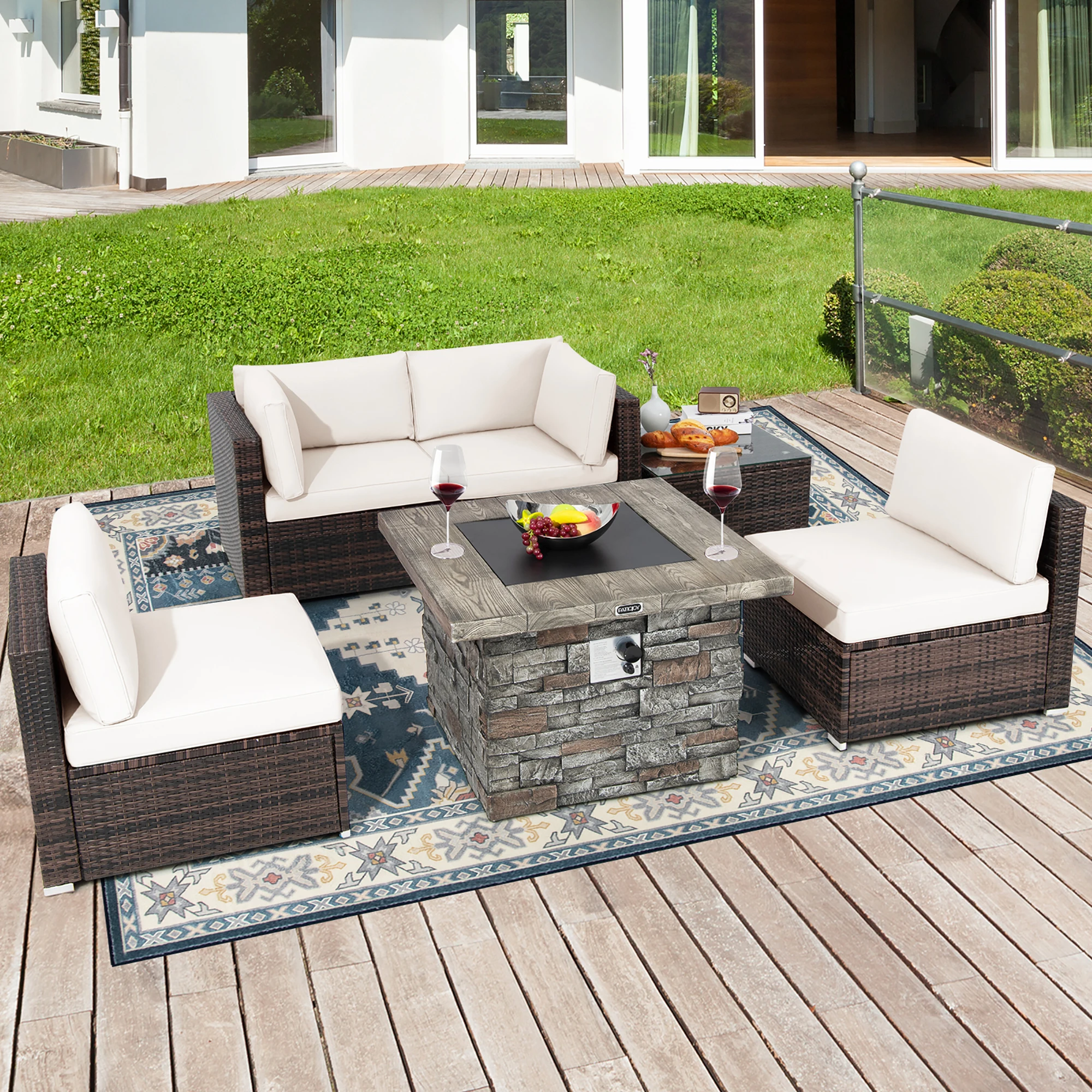 

6 PCS Patio Wicker Furniture Set 34.5" Fire Pit Table W/Cover Off White