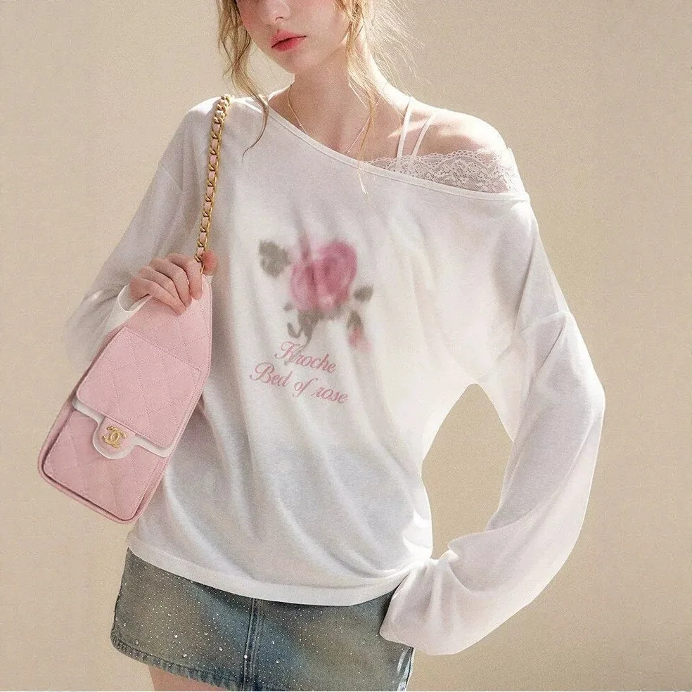 Cloud Shirt Rose Print Ruffle Hem Lace Oversize Long Sleeve Casual Commute Style Polyester Blend Fabric Comfortable Soft T-Shirt