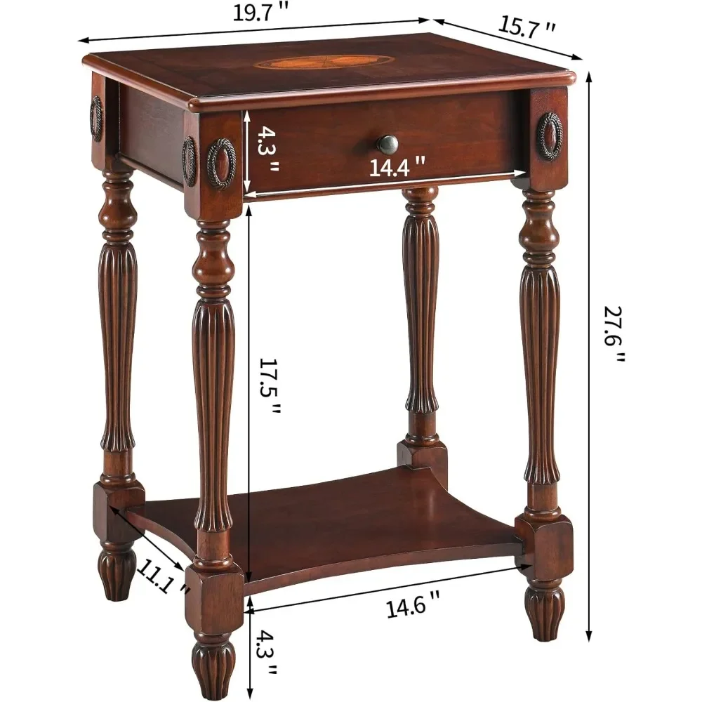 Antique Nightstand Bedside Table - Traditional Victorian Queen Anne Design in Cherry Wood Finish with Drawer