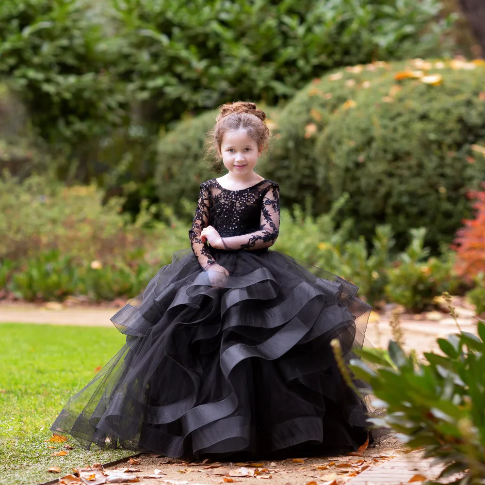 สีดําสีขาวแขนยาวชุดสาวดอกไม้งานแต่งงาน Tulle Ruffle ลูกไม้เด็กประกวด Ball Gowns สาวชุดวันเกิด Custom Made