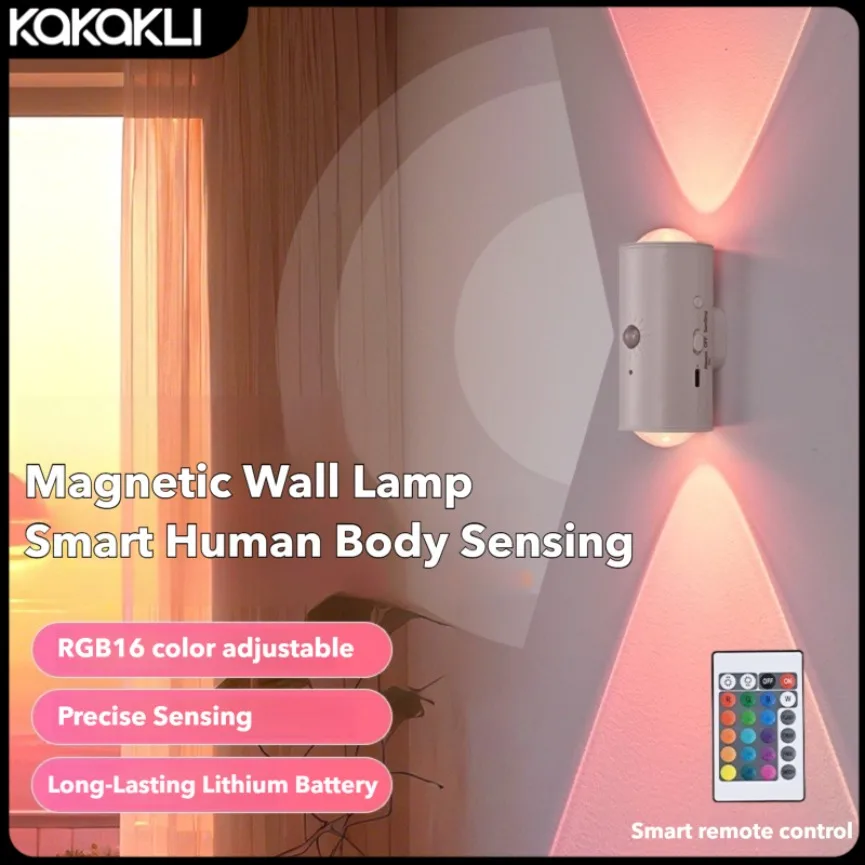 Smart Human Body Sensing Wall Lamp Night Light Charging Magnetic Install RGB Spotlight Self-adhesive Cabinet Decor Ambient Light