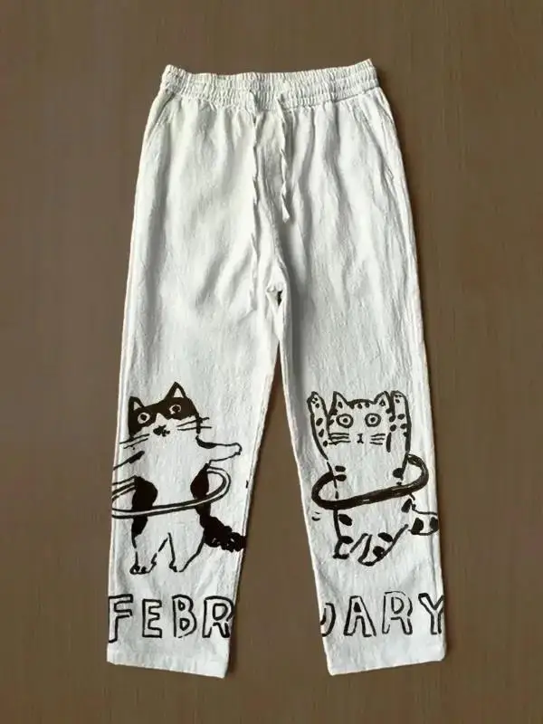 Unisex-Hose mit japanischem Samurai-Katzen-Print und weitem Bein, Harajuku Hipster Sommer-Streetwear-Jogginghose für Männer und Frauen – Detail 8
