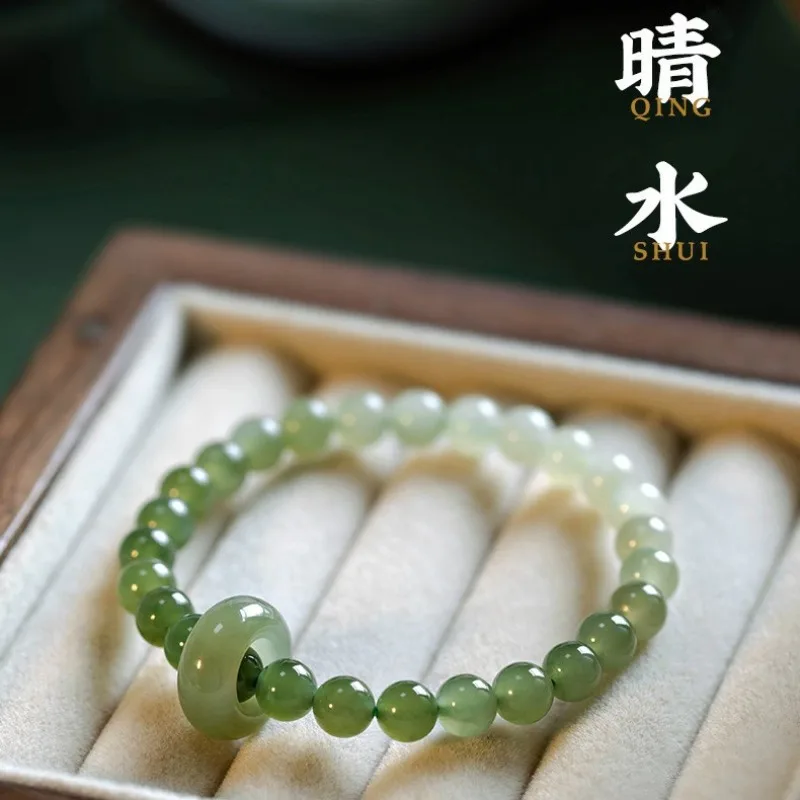 

Natural Authentic Hetian Jade Bracelet: Gradient Clear Water Lake Green, High Ice, Versatile Summer Beaded Gift for Women