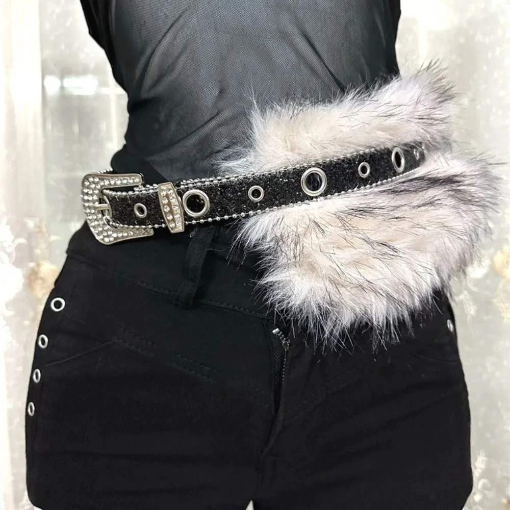 Sabuk Kulit Berhias Berlian Imitasi Gaya Punk Spicy Girl, Ikat Pinggang Berbulu Serbaguna Retro Y2K, Sabuk Pinggang Bulu untuk Dekorasi Gaun