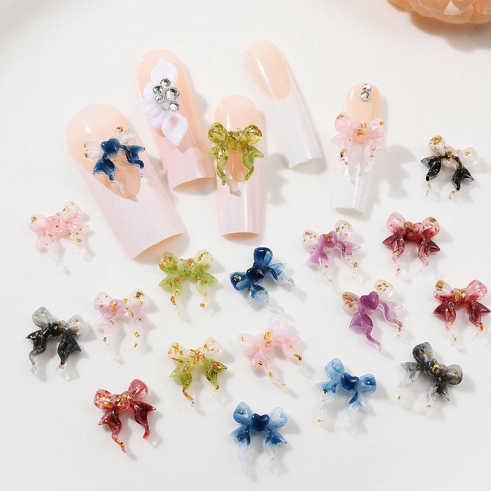 50Pcs Mixed Ribbon Bowknot Nail Charms 3D Resin Korean Shiny Foil Bow Nail Art Tie Decoration Kawaii DIY Manicure Accessories