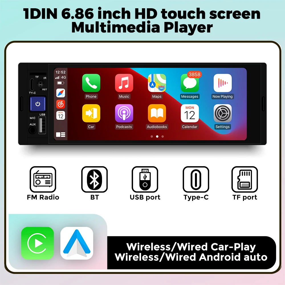 1din 6.86inch HD Touch Screen Multimedia Player Wireless For Apple Carplay Android Auto Support Bluetooth AUX Mirror Link FM SWC