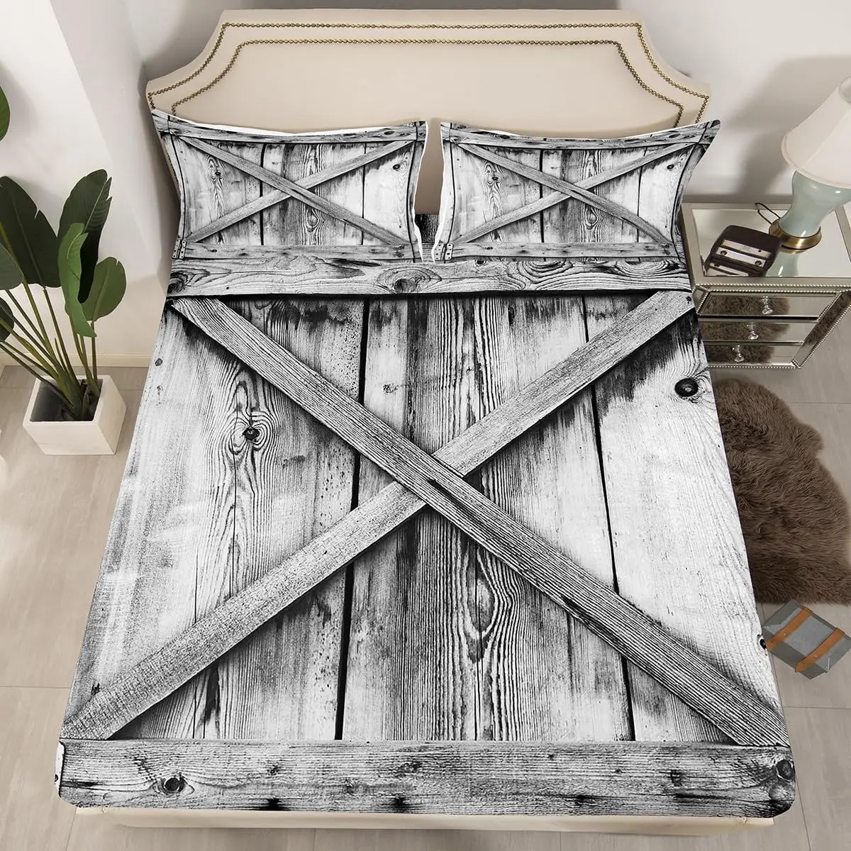 Rustic Barn Door Bed Sheet Set Full King Size Vintage Wood Grain Texture Art Print Fitted Sheet Farm Farmhouse Decor Bedding Set