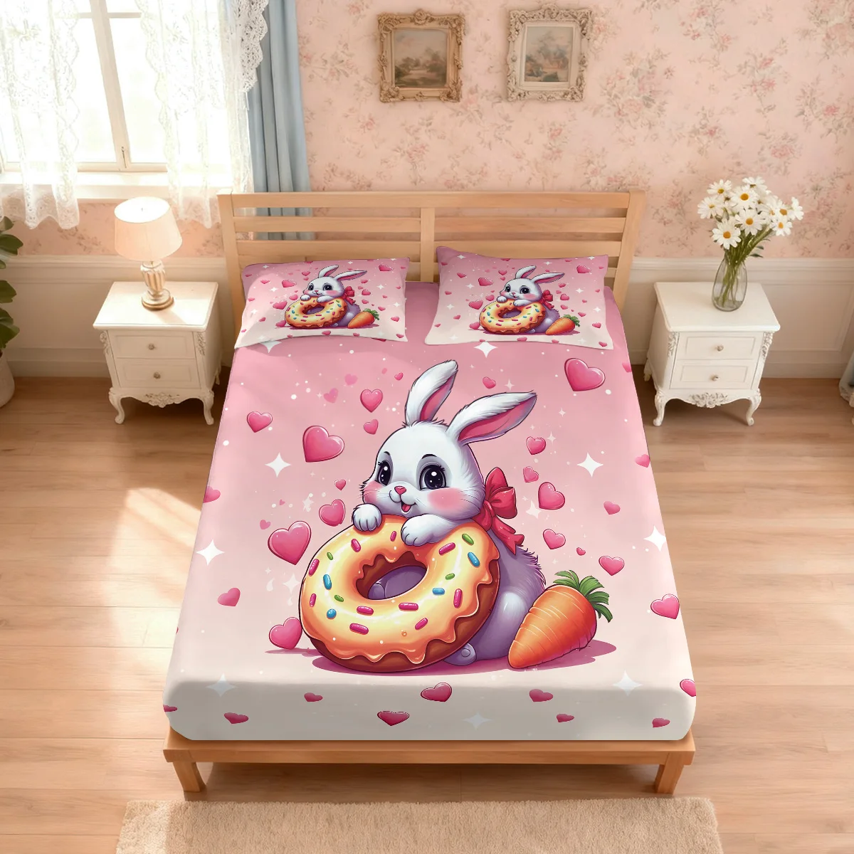 3 قطع من ملاءات السرير بدون شرائح مطبوعة على شكل أرنب لطيف، متعددة الحجم، غطاء سرير ناعم لغرفة النوم، قابل للغسل في الغسالة