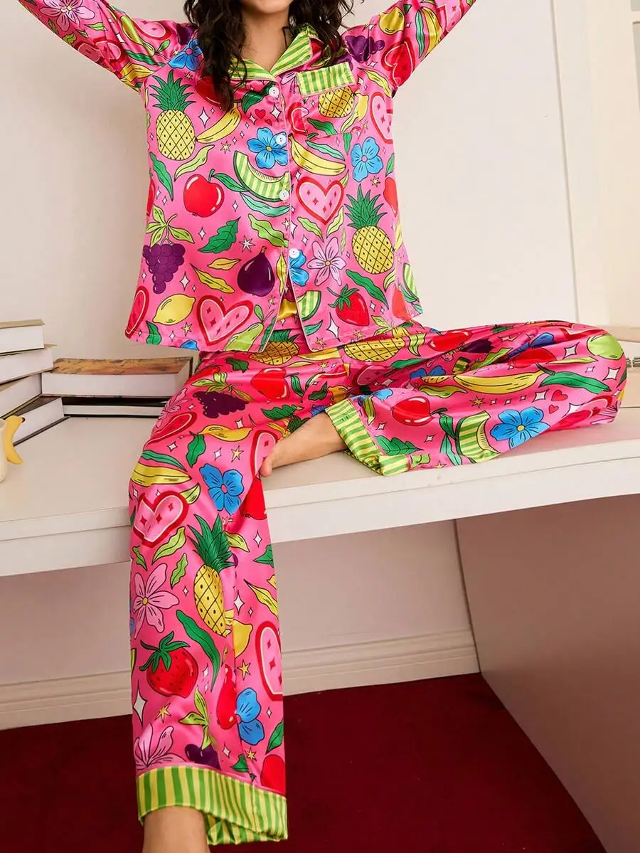

Womens Satin Lapel Button Down Long Sleeve Pajama Set Fruit Heart Flower Print