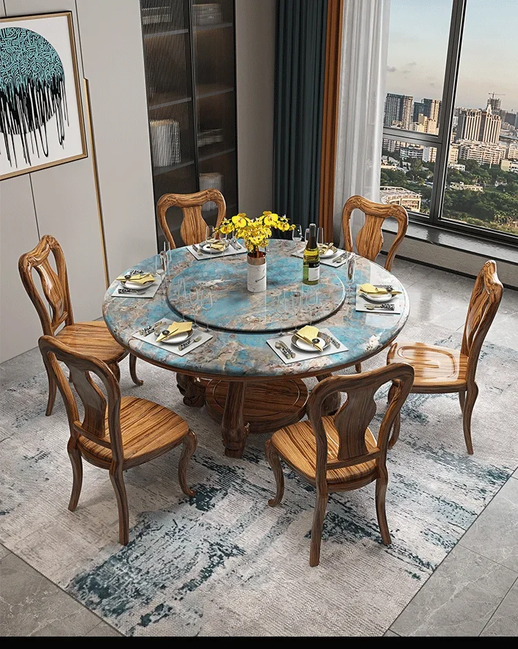 Dining Table and Chair Combination New Chinese Style Marble Round with Turntable Ebony Wood Restaurant for 8 People Gathering