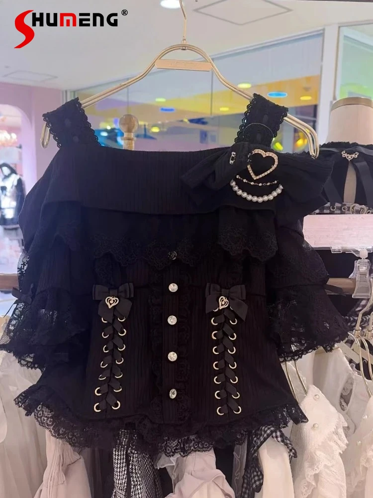 

Японские топы с открытыми плечами и большим бантом для девочек, весенне-осенняя футболка в стиле Лолиты, женские рубашки с короткими рукавами для девочек