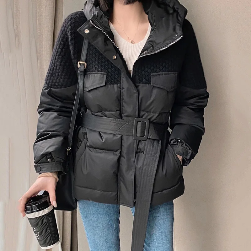 Slim down jacket stitched knitting Europe station winter 2022 hooded silk satin small fragrance down jacket women